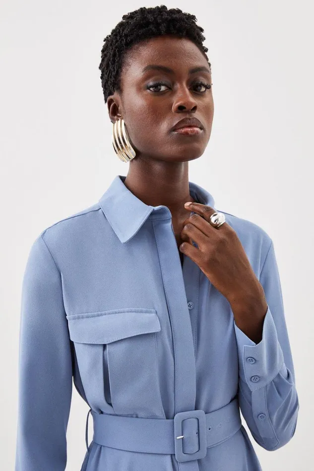Dresses Women Karen Millen Tailored Crepe Pocket Detail Belted Midi Shirt Dress Mid Blue