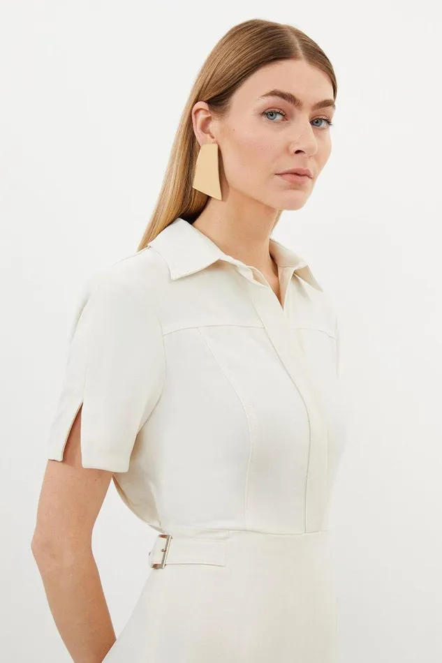 Dresses Women Karen Millen Tailored Crepe Short Sleeve Pleated Midi Dress Ivory