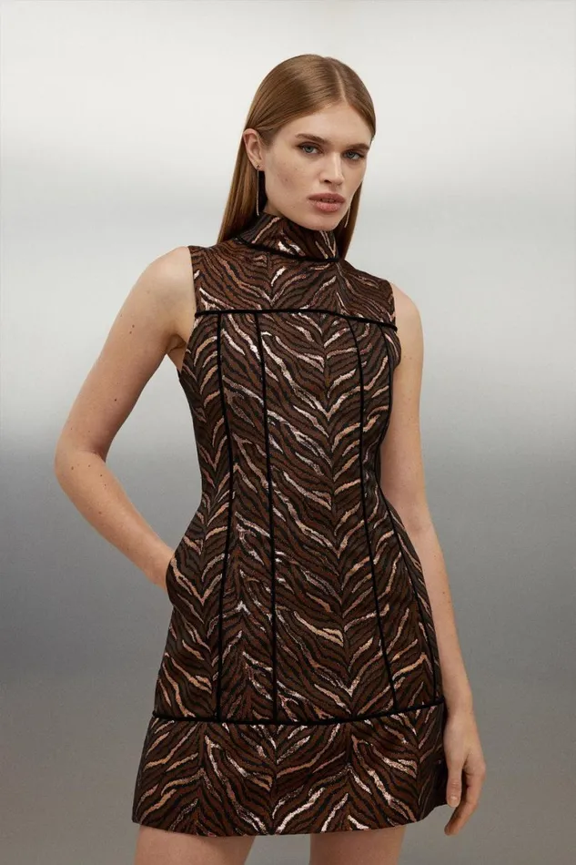 Dresses Women Karen Millen Tailored Print Detail High Neck Sleeveless Mini Dress Copper Dresses Women Karen Millen Tailored Print Detail High Neck Sleeveless Mini Dress Copper