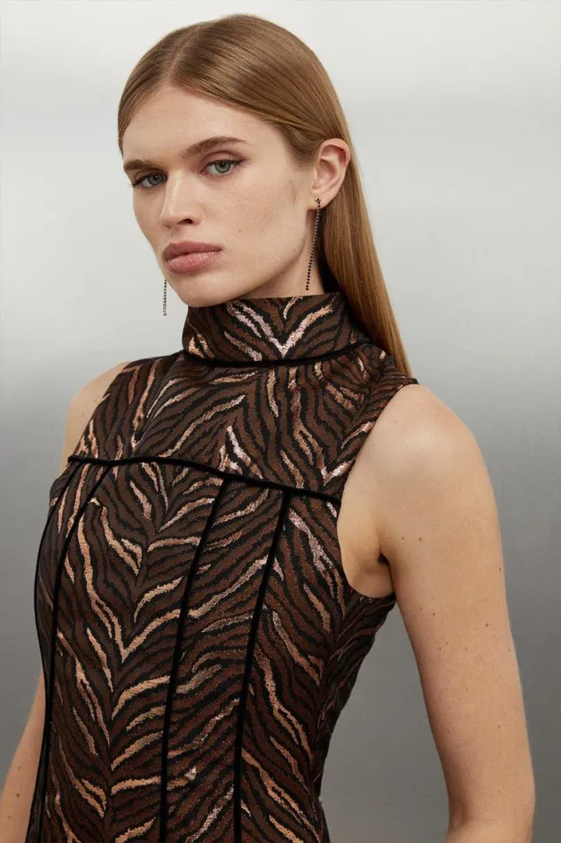Dresses Women Karen Millen Tailored Print Detail High Neck Sleeveless Mini Dress Copper