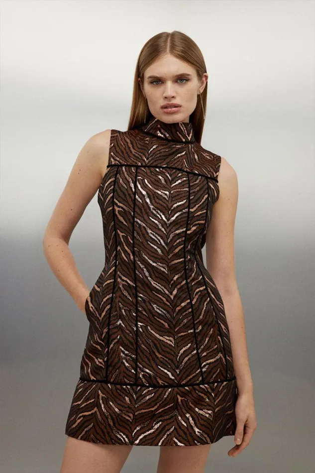 Dresses Women Karen Millen Tailored Print Detail High Neck Sleeveless Mini Dress Copper