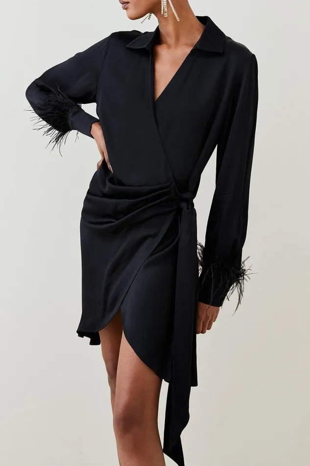 Dresses Women Karen Millen Tailored Satin Back Crepe Feather Cuff Mini Dress Black Dresses Women Karen Millen Tailored Satin Back Crepe Feather Cuff Mini Dress Black