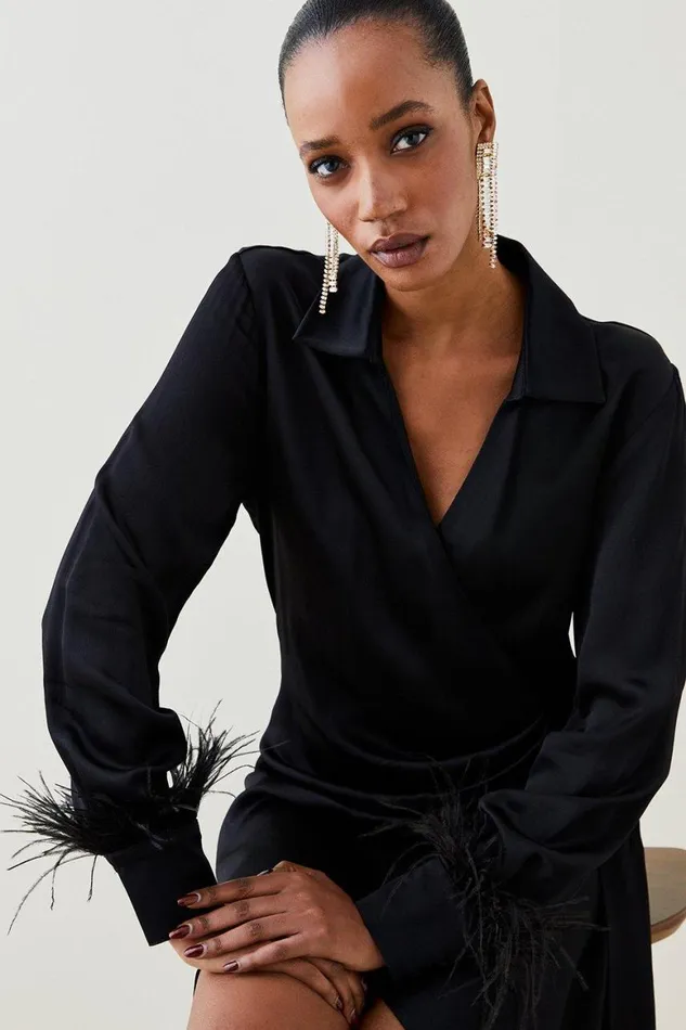 Dresses Women Karen Millen Tailored Satin Back Crepe Feather Cuff Mini Dress Black