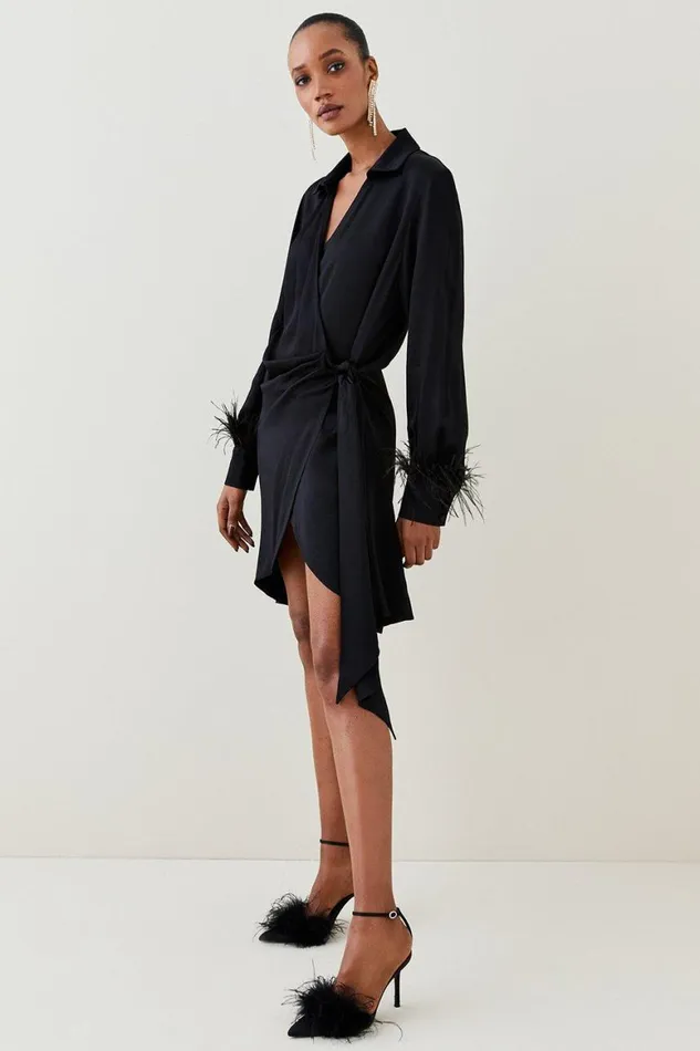 Dresses Women Karen Millen Tailored Satin Back Crepe Feather Cuff Mini Dress Black