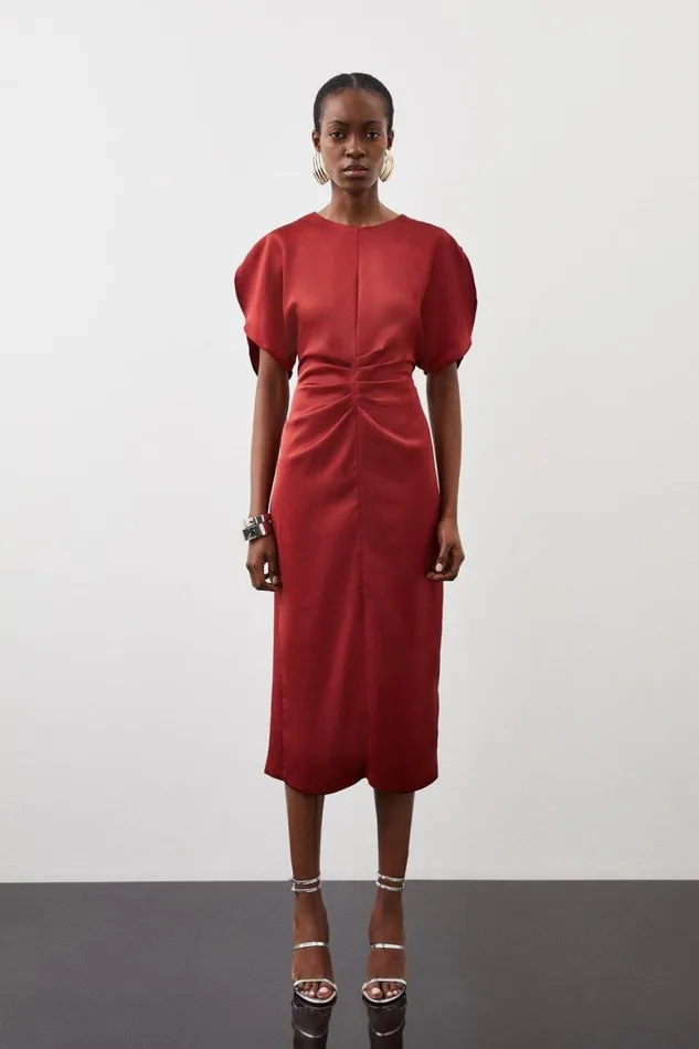 Dresses Women Karen Millen Tailored Satin Back Crepe Ruched Front Midi Dress Merlot Dresses Women Karen Millen Tailored Satin Back Crepe Ruched Front Midi Dress Merlot