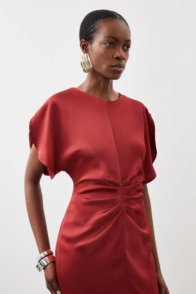 Dresses Women Karen Millen Tailored Satin Back Crepe Ruched Front Midi Dress Merlot