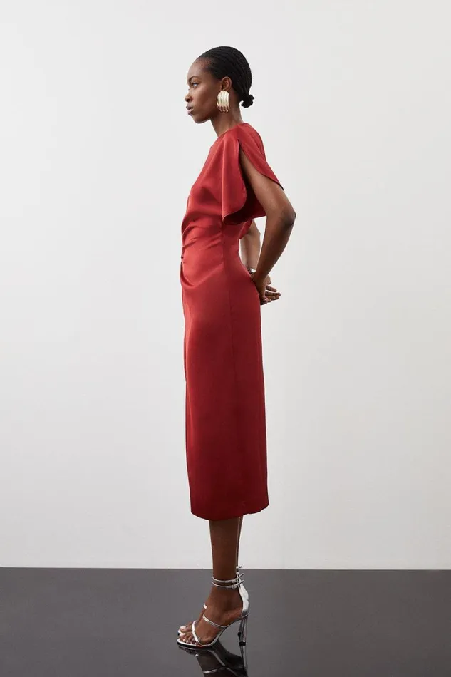 Dresses Women Karen Millen Tailored Satin Back Crepe Ruched Front Midi Dress Merlot