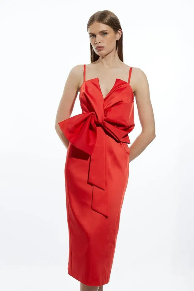 Dresses Women Karen Millen Tailored Satin Bow Detail Midi Dress Red