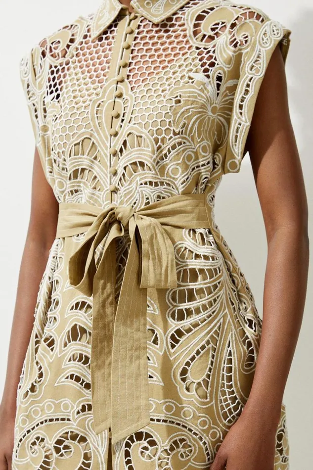 Dresses Women Karen Millen Tall Linen Cutwork Embroidery Woven Mini Dress Khaki