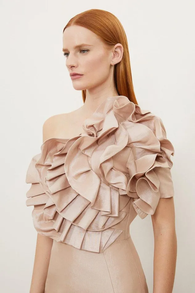 Dresses Women Karen Millen Tall Metallic Taffeta Rosette Maxi Bardot Dress Champagne