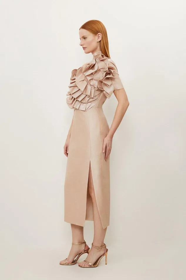 Dresses Women Karen Millen Tall Metallic Taffeta Rosette Maxi Bardot Dress Champagne