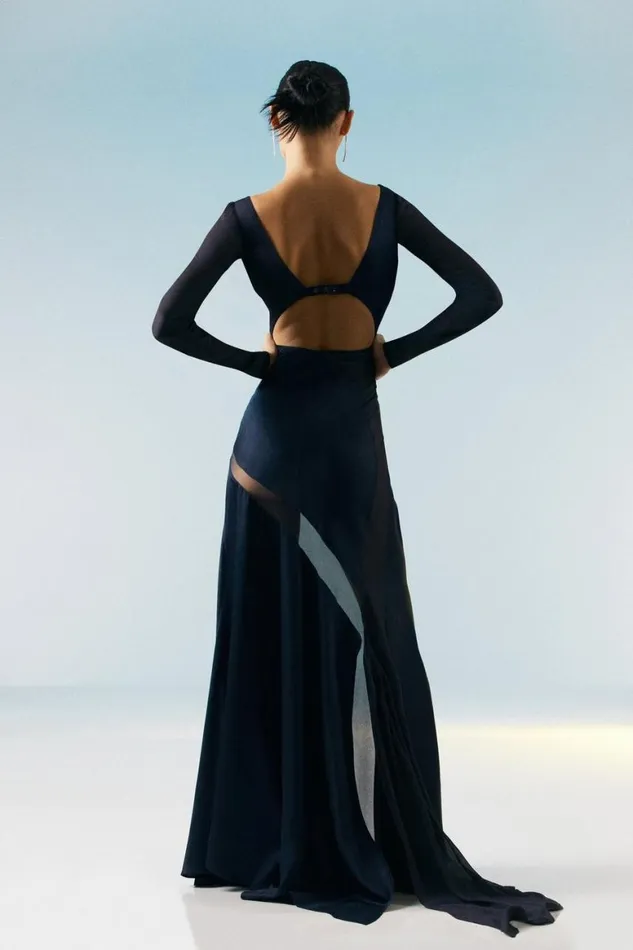 Dresses Women Karen Millen Tall Ooto Sheer Panelled Long Sleeve Woven Maxi Dress Navy