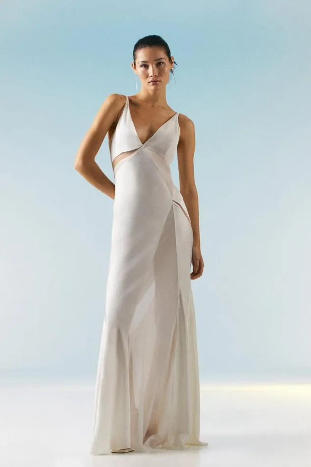 Dresses Women Karen Millen Tall Ooto Sheer Panelled Woven Maxi Dress Ivory