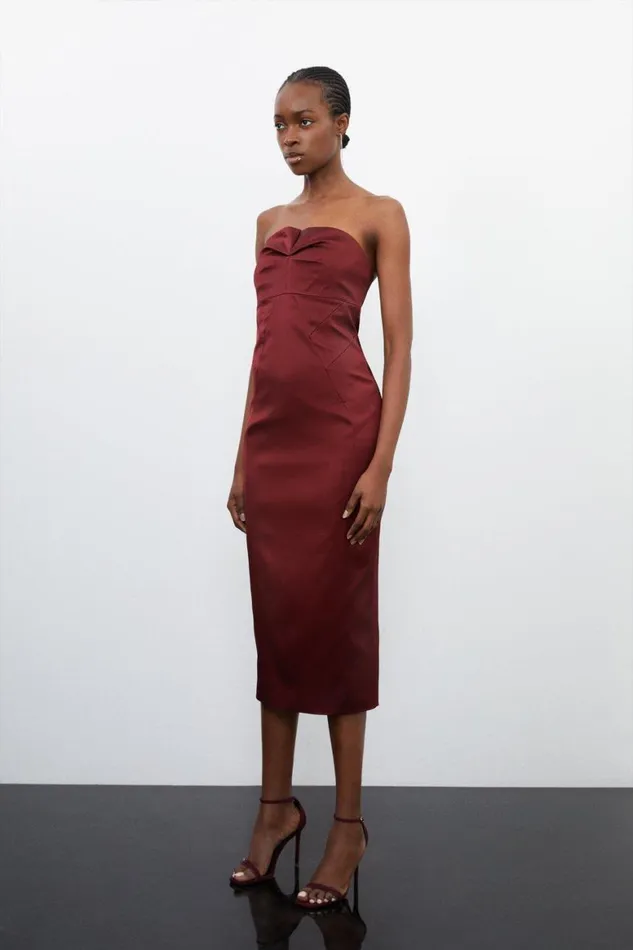Dresses Women Karen Millen Tall Tailored Italian Structured Satin Tuck Detail Dress Wine