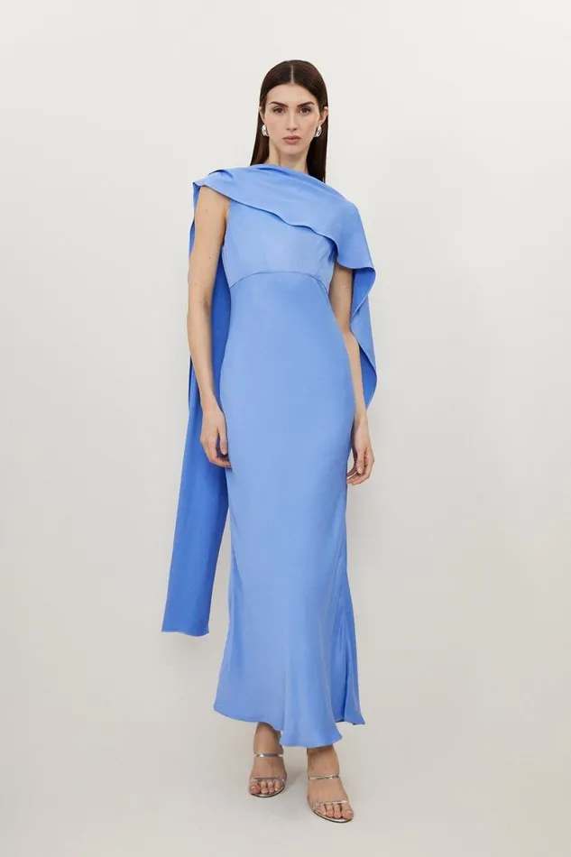 Dresses Women Karen Millen Tall Viscose Satin Draped Midi Dress Blue