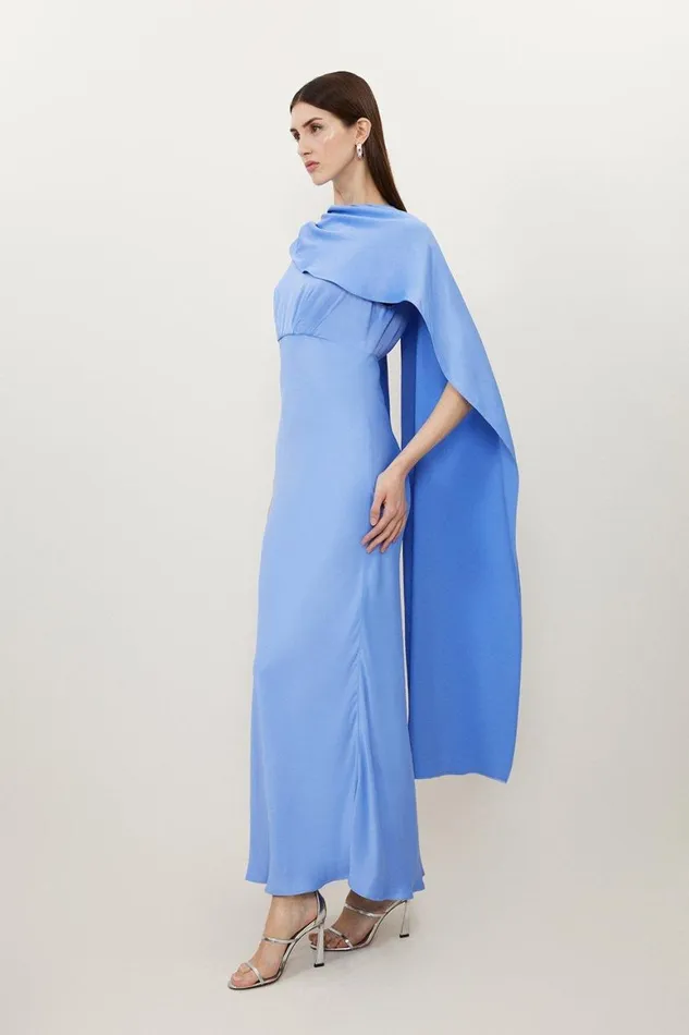 Dresses Women Karen Millen Tall Viscose Satin Draped Midi Dress Blue
