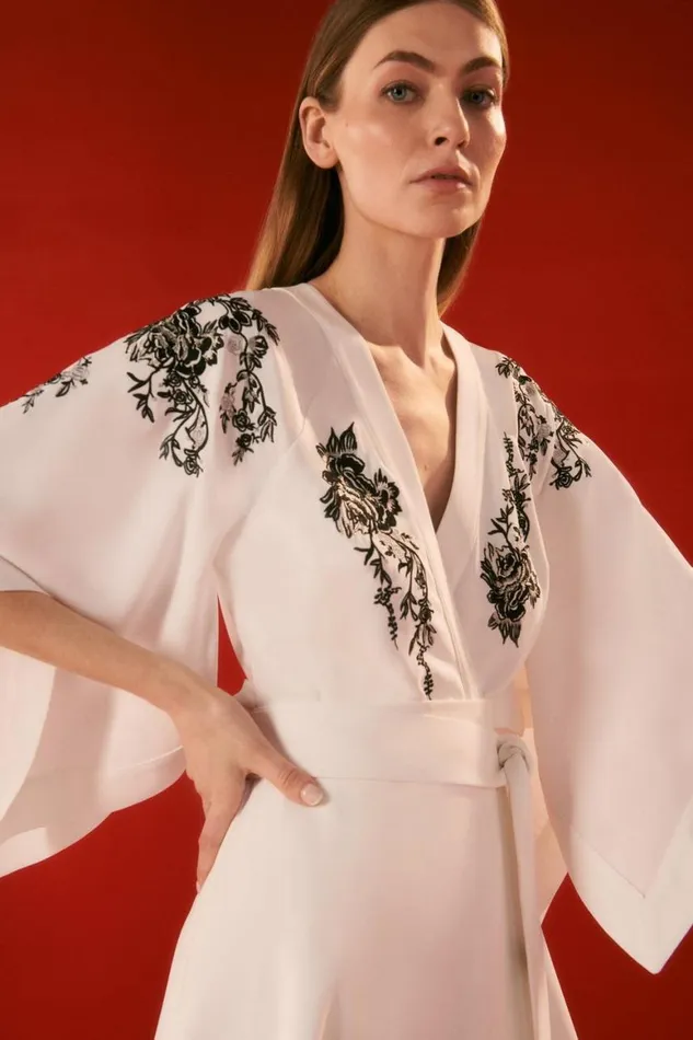 Dresses Women Karen Millen The Founder Kimono Style Embroidered Midi Dress Ivory