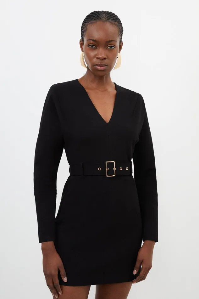 Dresses Women Karen Millen V Neck Belted Ponte Jersey Mini Dress Black