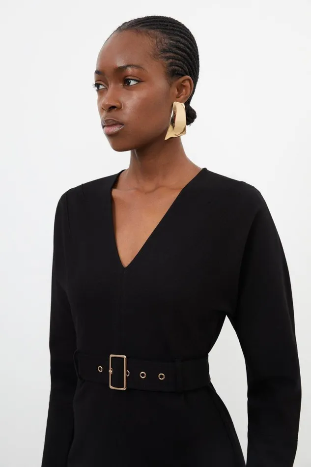 Dresses Women Karen Millen V Neck Belted Ponte Jersey Mini Dress Black