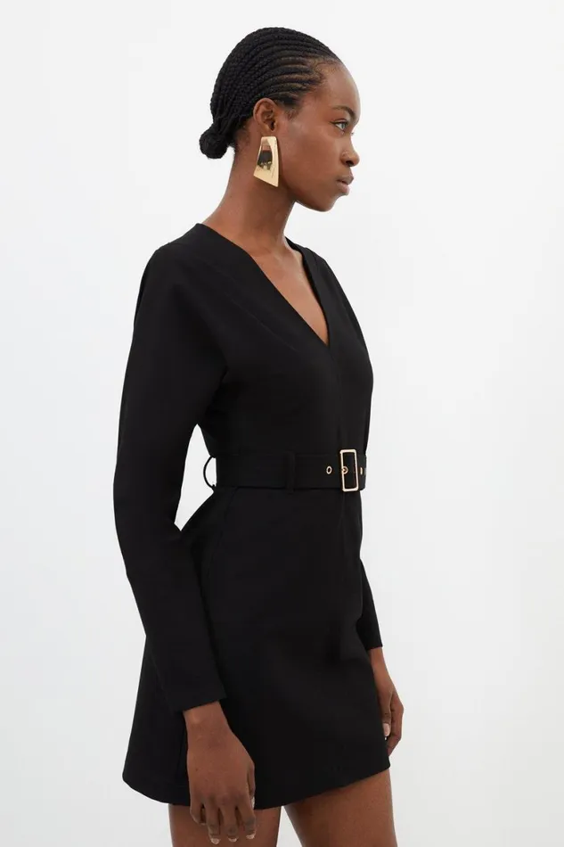 Dresses Women Karen Millen V Neck Belted Ponte Jersey Mini Dress Black