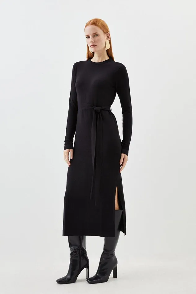 Dresses Women Karen Millen Viscose Blend Belted Knitted Midi Dress Black