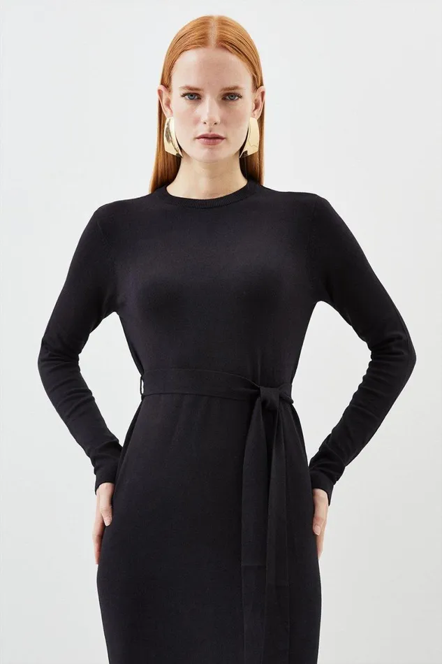 Dresses Women Karen Millen Viscose Blend Belted Knitted Midi Dress Black