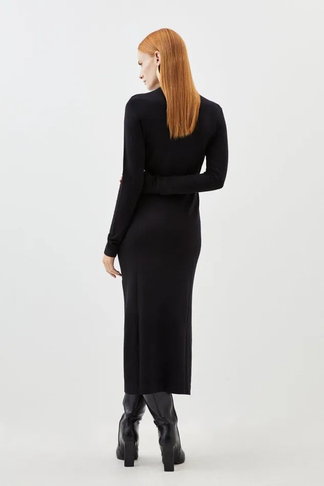 Dresses Women Karen Millen Viscose Blend Belted Knitted Midi Dress Black