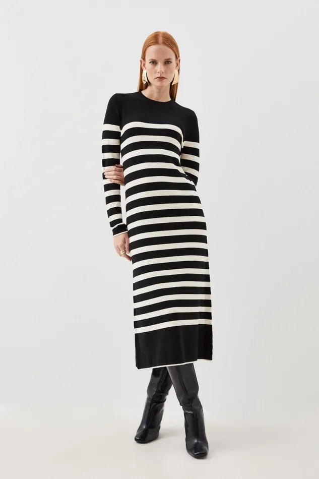 Dresses Women Karen Millen Viscose Blend Knit Stripe Midi Dress Mono