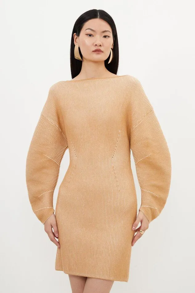 Dresses Women Karen Millen Viscose Blend Round Sleeve Knit Mini Dress Camel