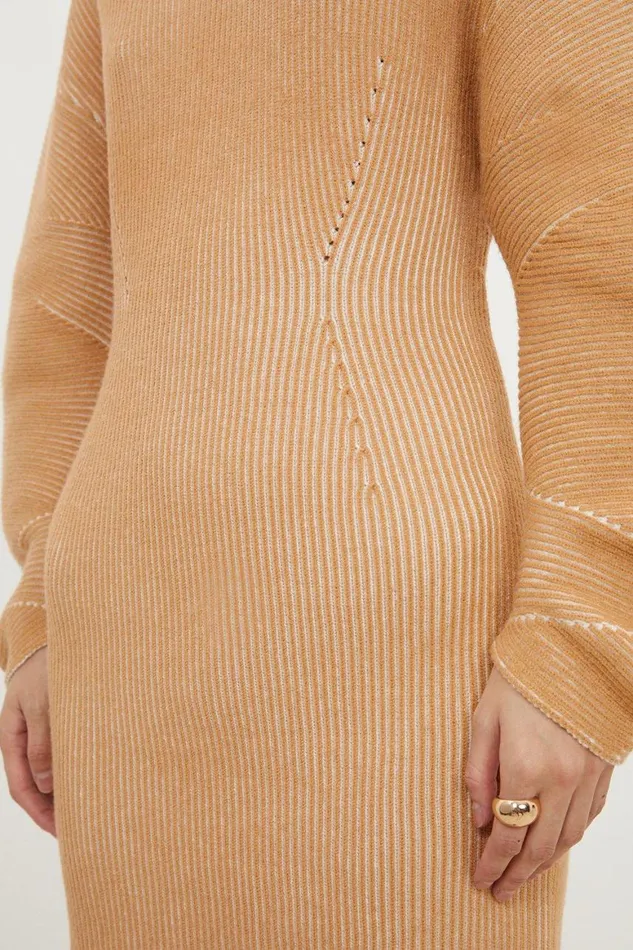 Dresses Women Karen Millen Viscose Blend Round Sleeve Knit Mini Dress Camel