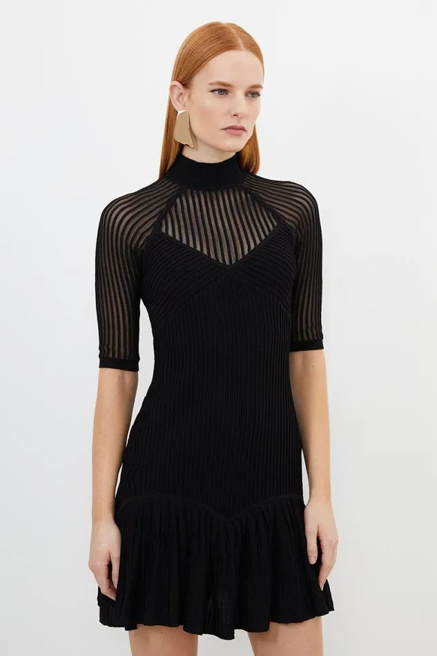 Dresses Women Karen Millen Viscose Blend Sheer Knit Peplum Mini Dress Black