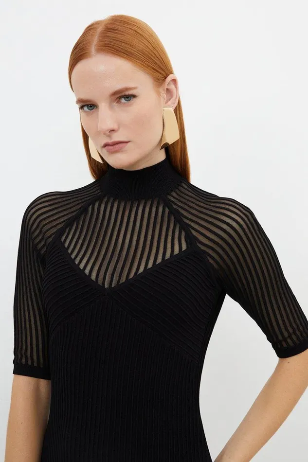 Dresses Women Karen Millen Viscose Blend Sheer Knit Peplum Mini Dress Black