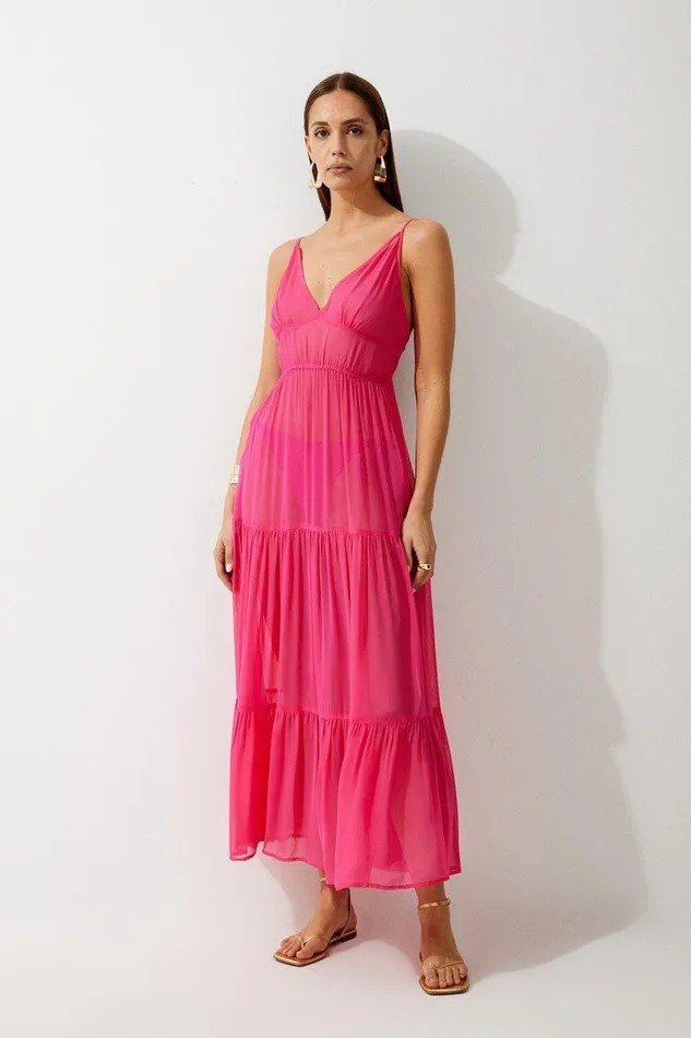 Dresses Women Karen Millen Viscose Georgette Woven Beach Maxi Dress Hot Pink