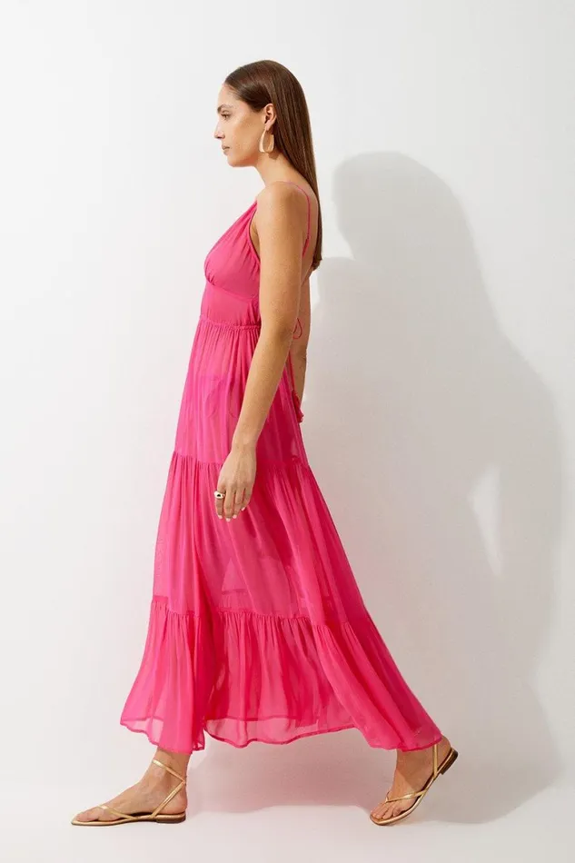 Dresses Women Karen Millen Viscose Georgette Woven Beach Maxi Dress Hot Pink