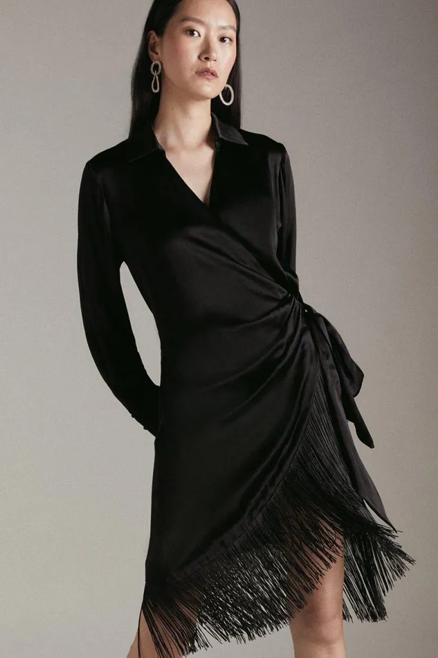 Dresses Women Karen Millen Viscose Satin Crepe Tassel Hem Dress Black