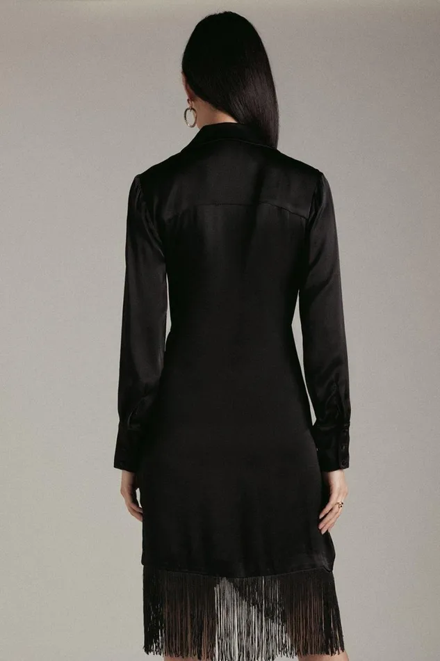 Dresses Women Karen Millen Viscose Satin Crepe Tassel Hem Dress Black