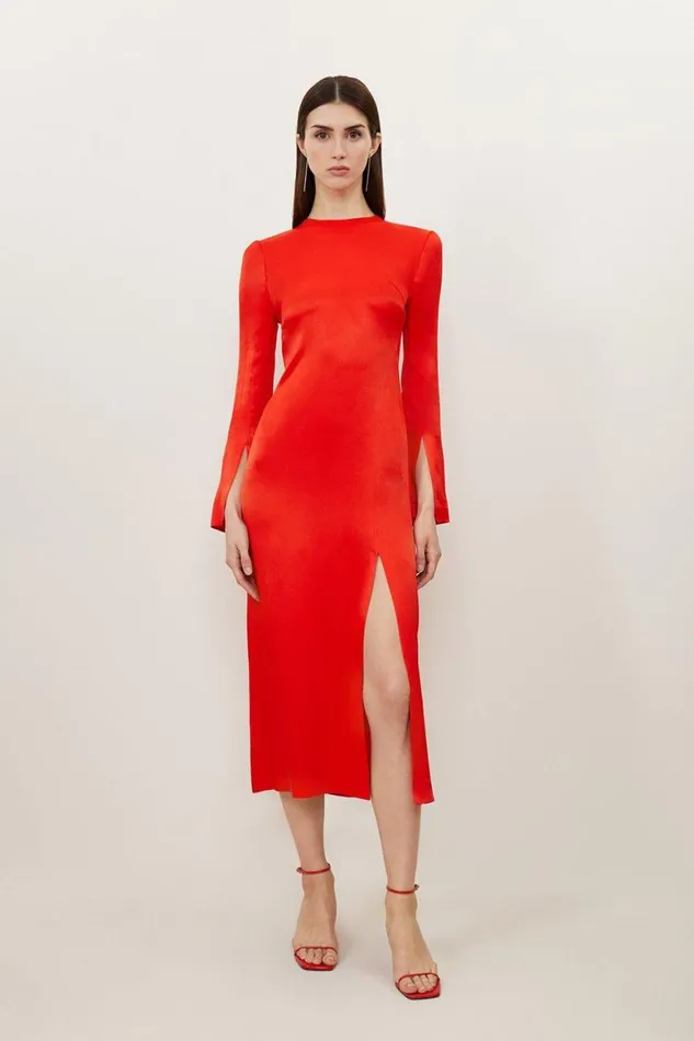Dresses Women Karen Millen Viscose Satin Woven Midi Dress Red