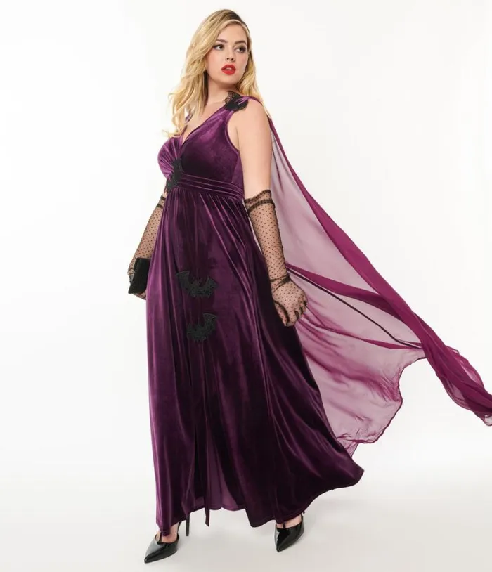 Eggplant and Black Bat Velvet Cape Gown Halloween Unique Vintage Dresses
