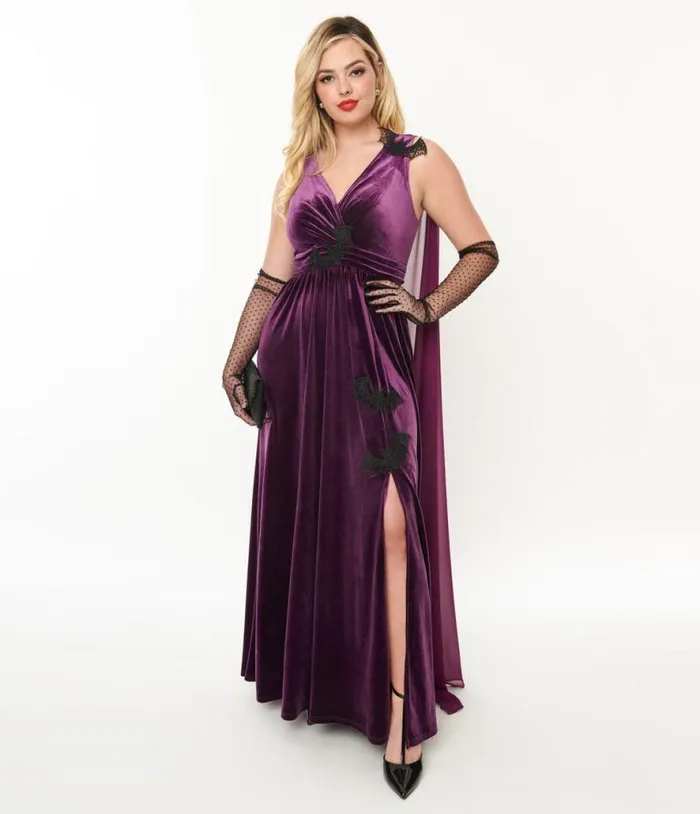 Eggplant and Black Bat Velvet Cape Gown Halloween Unique Vintage Dresses