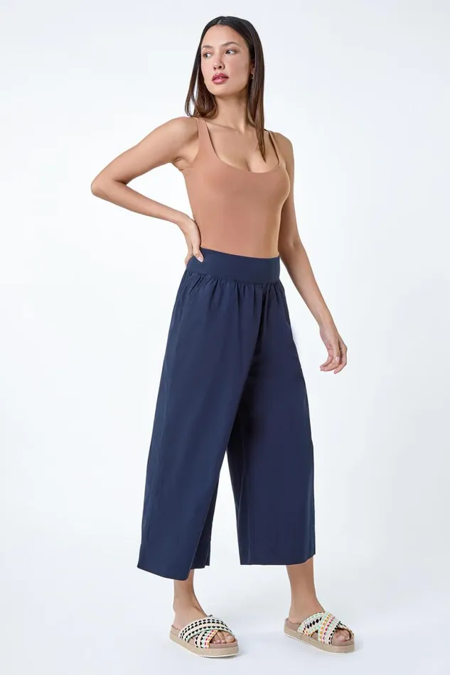 Elastic Waist Wide Leg Cotton Cropped Culottes Women Roman Trousers