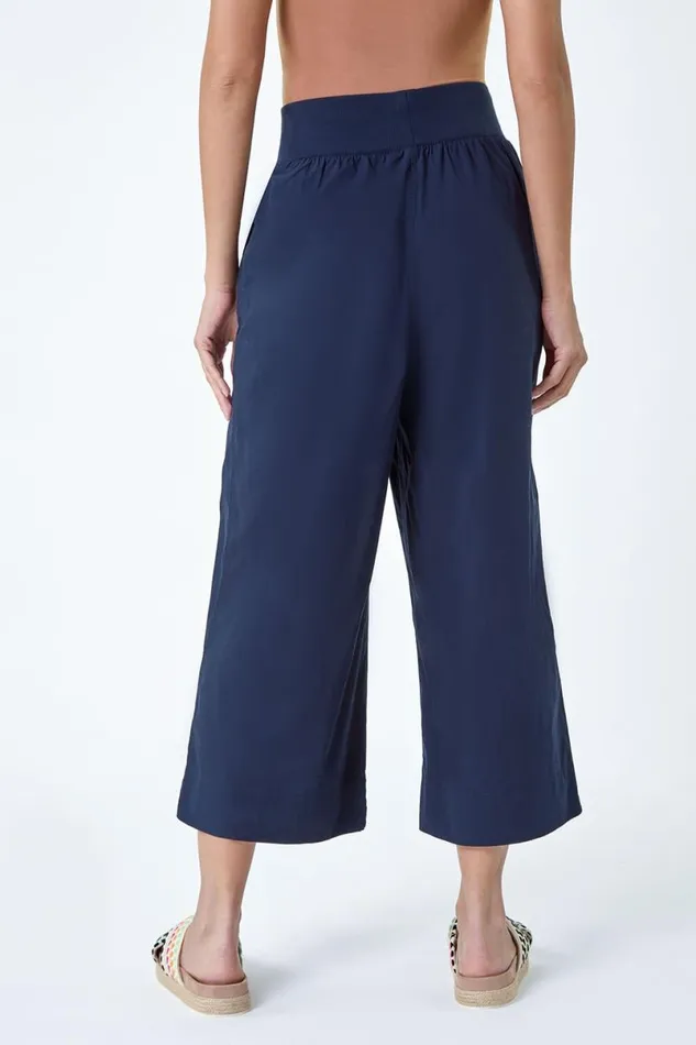 Elastic Waist Wide Leg Cotton Cropped Culottes Women Roman Trousers