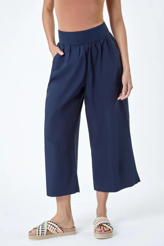 Elastic Waist Wide Leg Cotton Cropped Culottes Women Roman Trousers