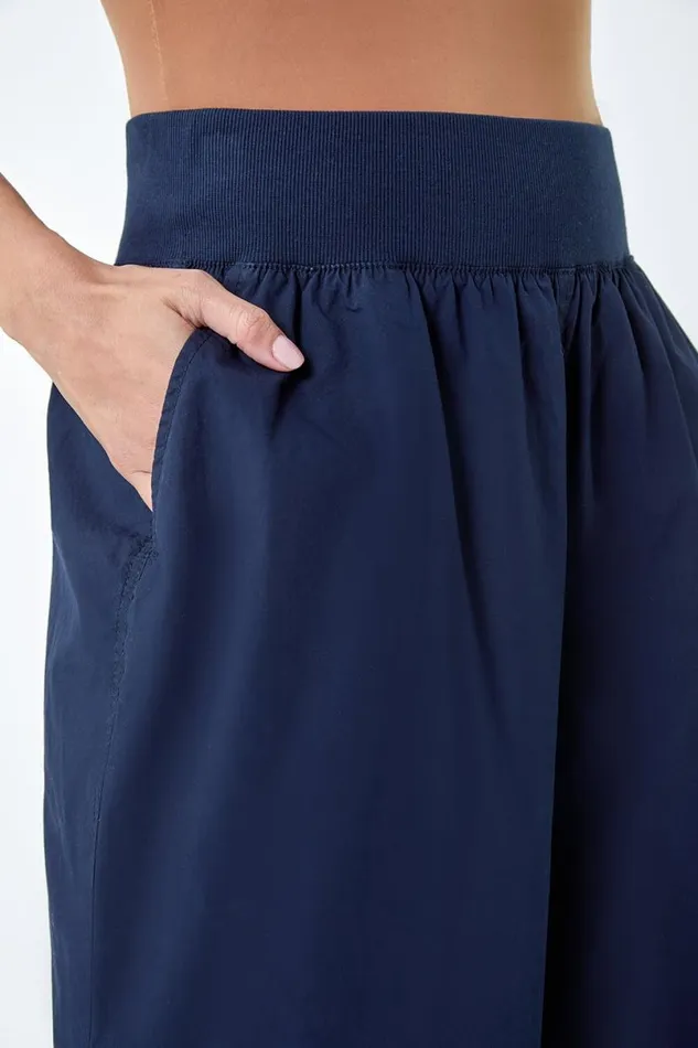 Elastic Waist Wide Leg Cotton Cropped Culottes Women Roman Trousers