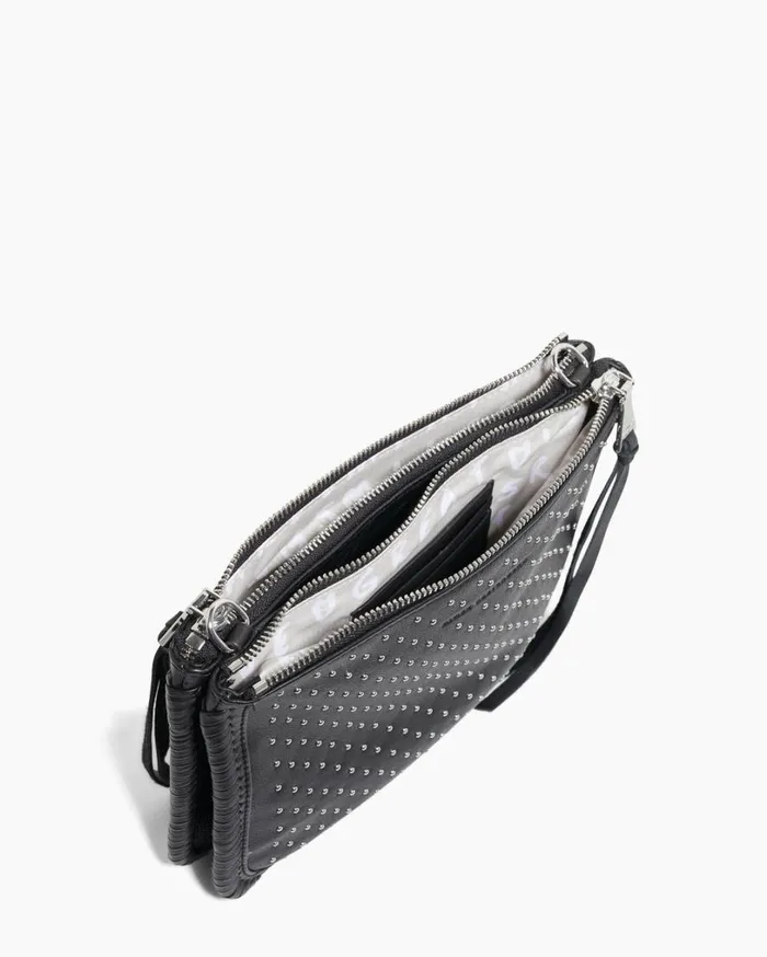 Famous Double Top Zip Crossbody Black With Shiny Silver Studs Women Aimee Kestenberg Crossbody Bags