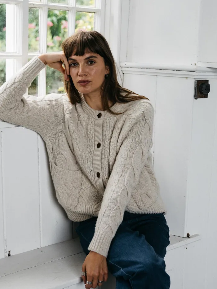 Finisterre Knitwear Women Ennis Cable Knit Cardigan Oatmeal