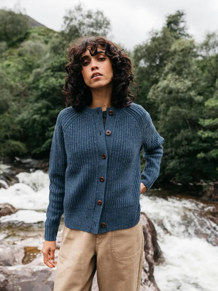 Finisterre Knitwear Women Mora Crew Neck Cardigan Denim
