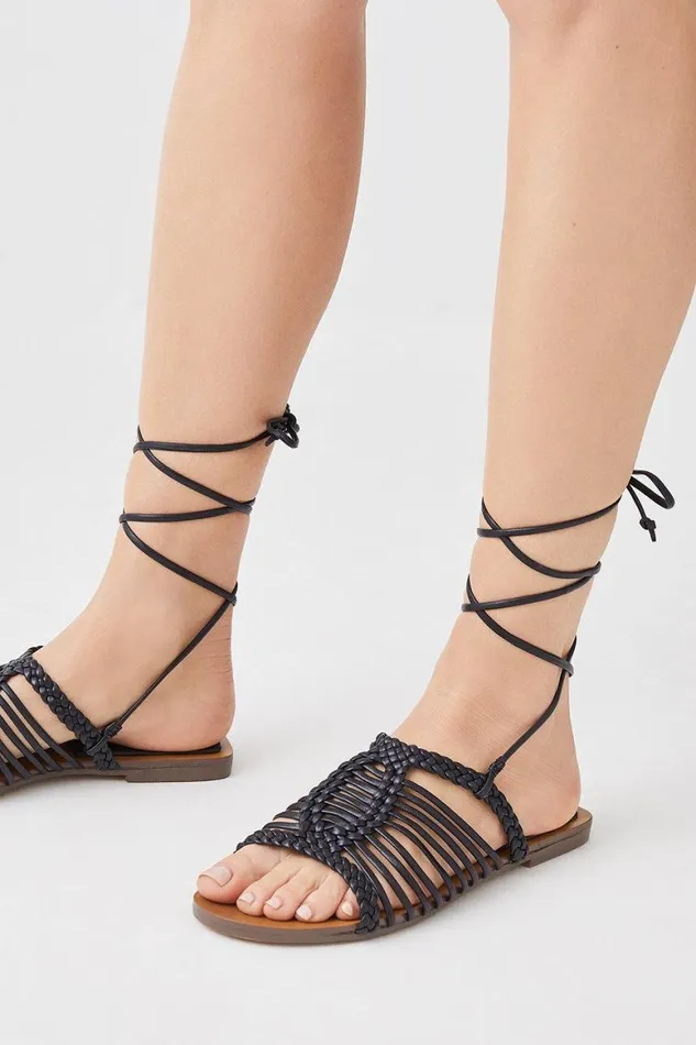 Flat Shoes Women Karen Millen Leather Tie Up Strappy Sandal Black