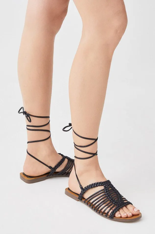 Flat Shoes Women Karen Millen Leather Tie Up Strappy Sandal Black