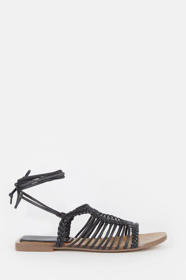 Flat Shoes Women Karen Millen Leather Tie Up Strappy Sandal Black