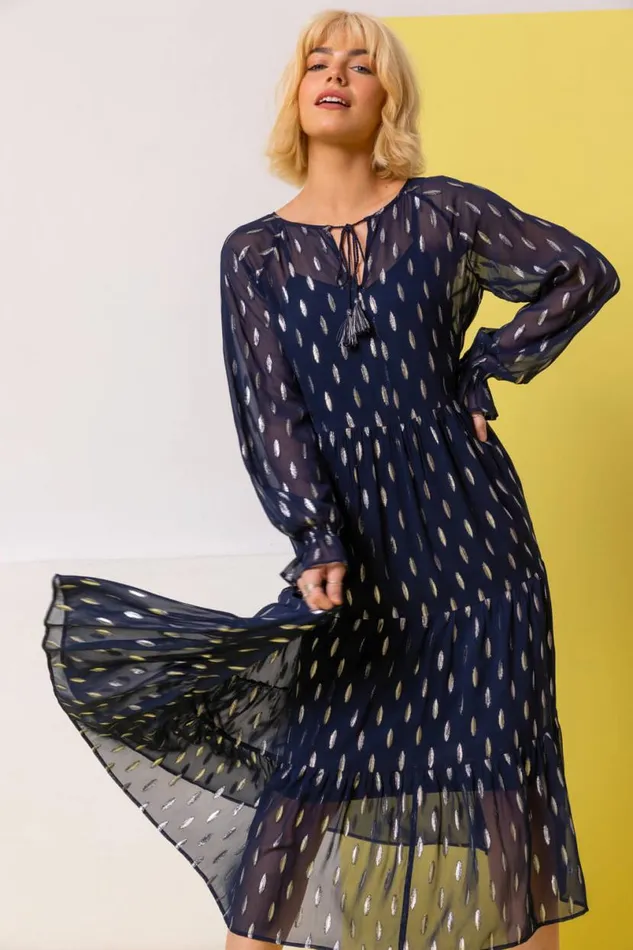 Foil Print Shimmer Chiffon Tiered Dress Women Roman Dresses